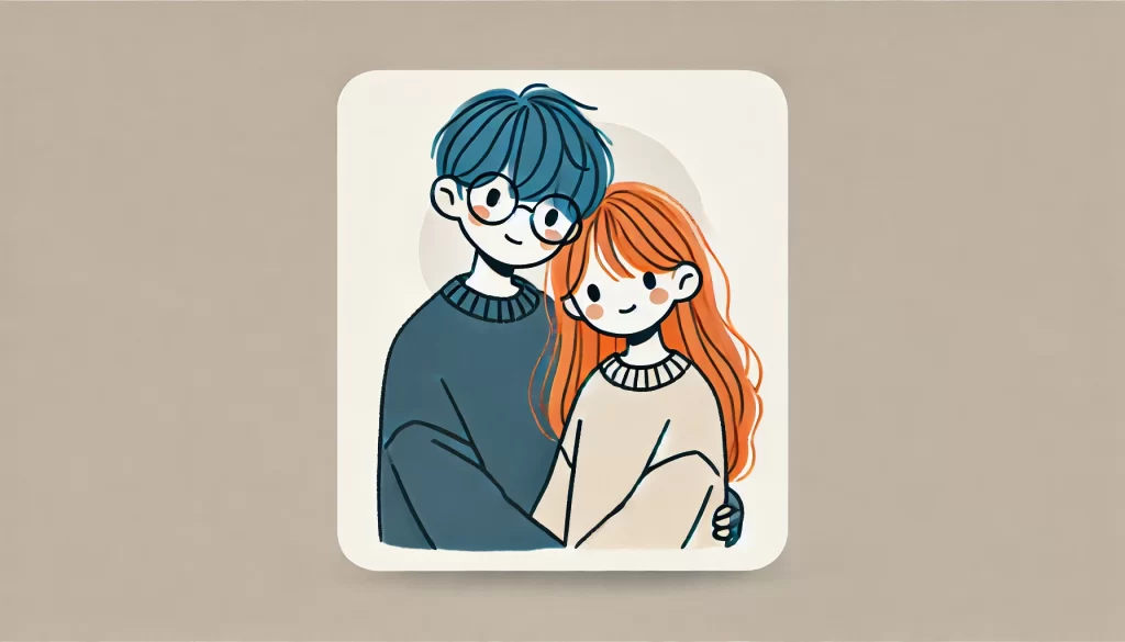 thinker boy with blue hair and glasses holding feeler girl with orange hair